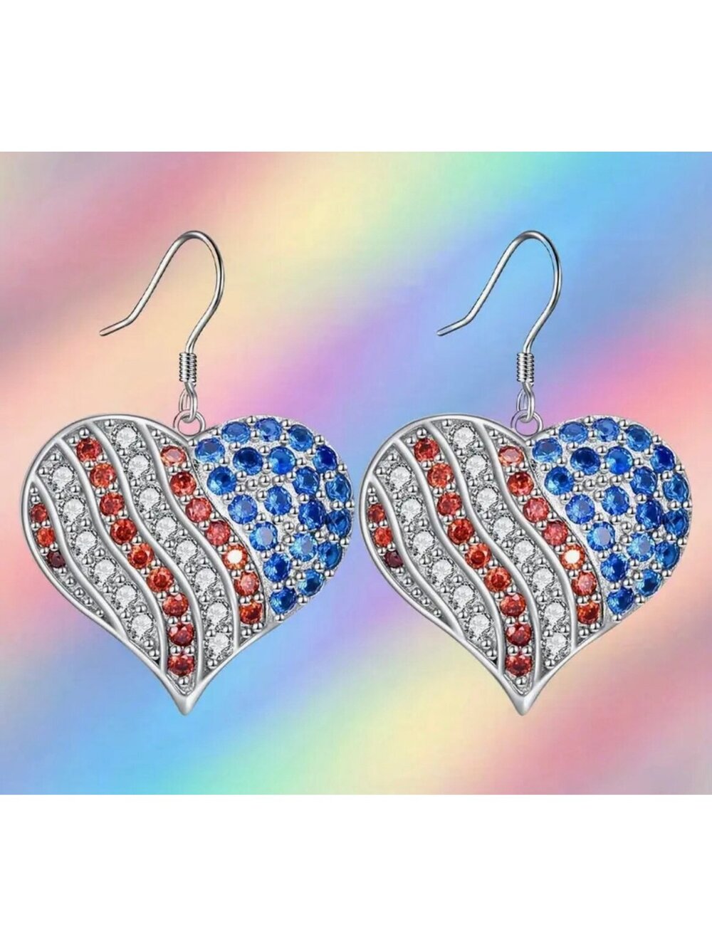 New - Retro -Rhinestone Embellished Patriotic American Flag Dangle Drop Earrings